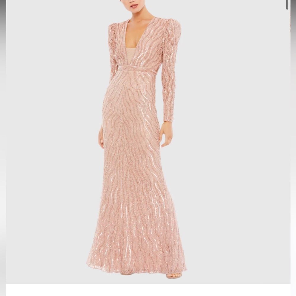Mac Duggal Pink Beaded Puff Sleeve Trumpet Evening Gown